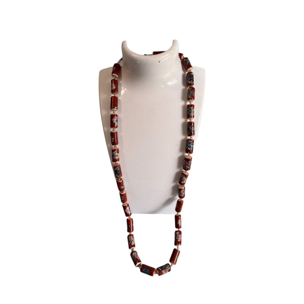 Vintage Chinese Cloisonne Floral Glass Bead Necklace With Barrel Clasp 22" Red M